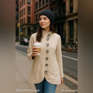 Neon Buddha Beige Button Front Jacket – Mindful Travel Lounge Style (M)